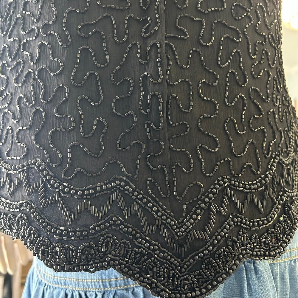 Vintage 80s Cote d'Azur Black Beaded Silk Evening Blouse Sweetheart Top L - Picture 9 of 10